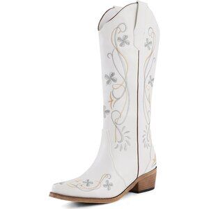⚡Women's White Western Cowboy Boots Knee High Pointed Toe Floral Embroidered